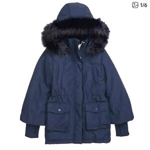 Habitual Girl Kids Hooded Winter Parka with Faux Fur Trim - Navy Blue Size 10